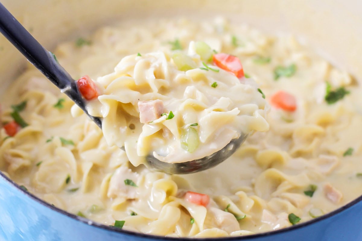 Close up of a dutch oven filled with creamy chicken soup recipe.