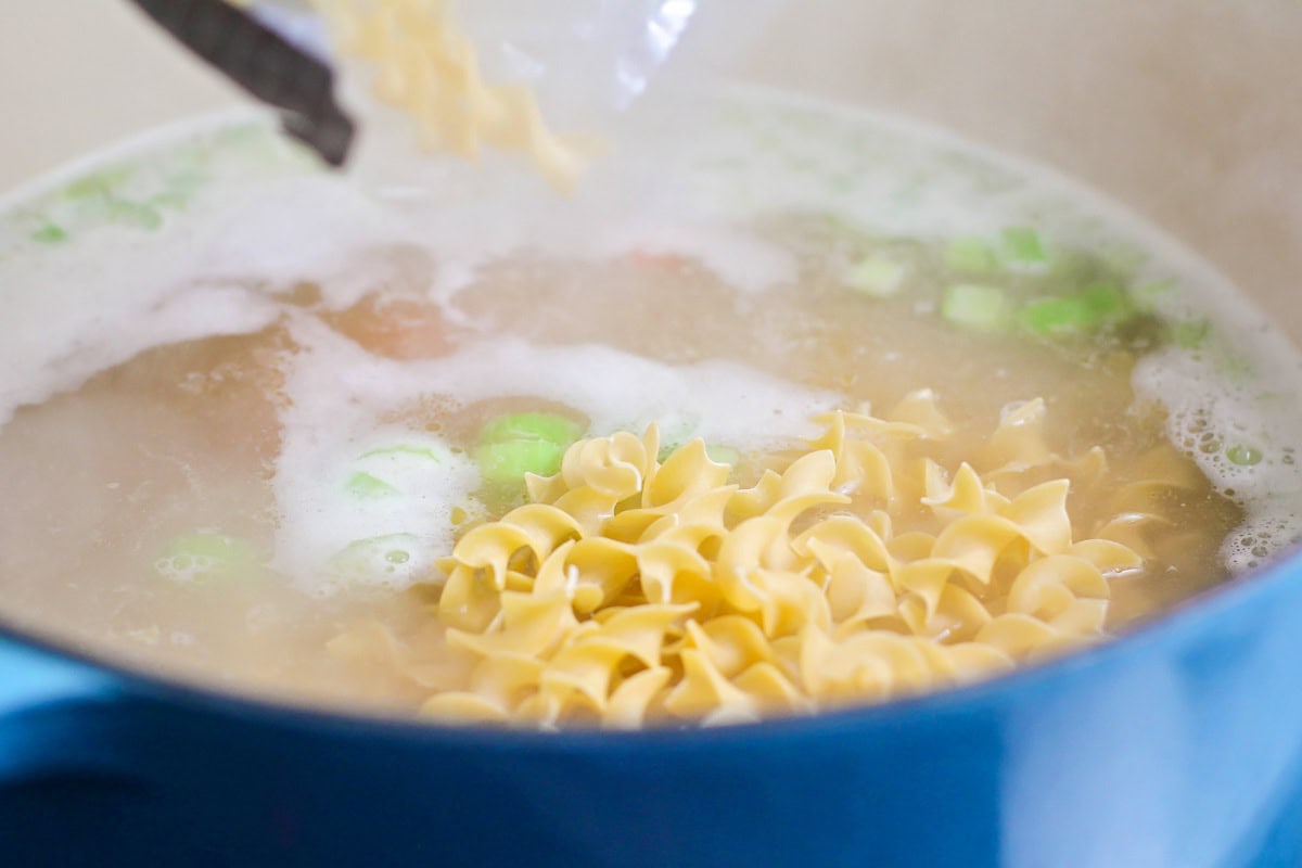 Adding egg noodles to chicken broth and veggies.
