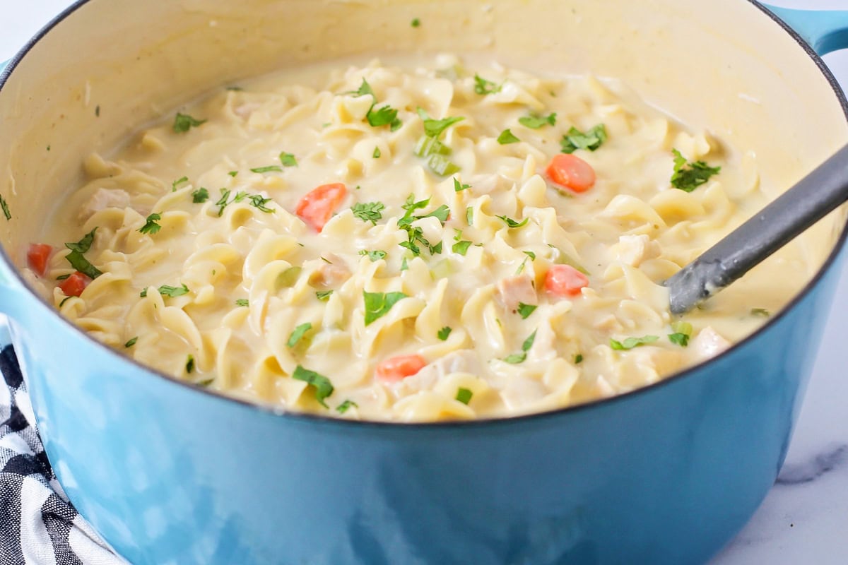 A dutch oven of chicken soup topped with fresh parsley.