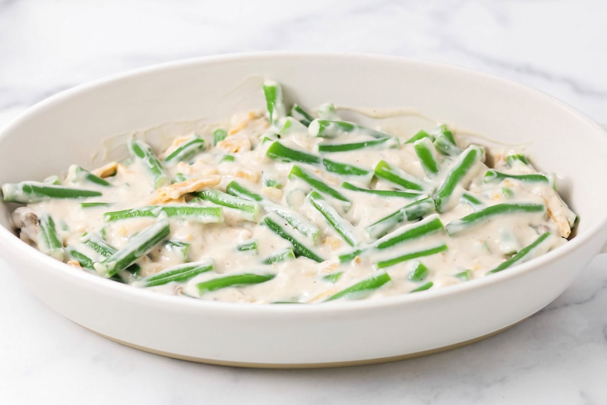 Green beans mixed with soup and fried onions.