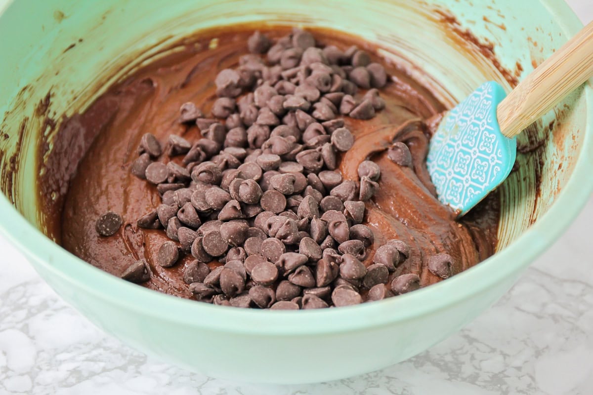 Brownie batter in bowl with chocolate chips on top.