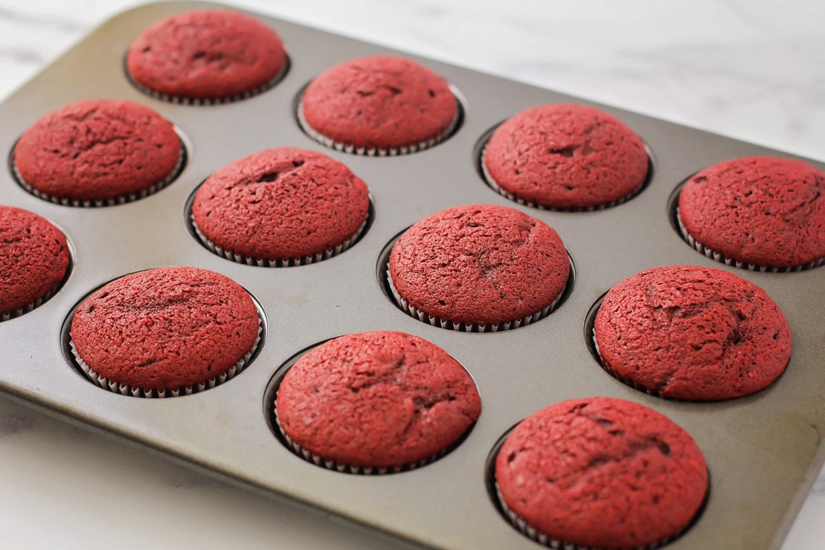 A dozen baked red velvet cupcakes on a counter.