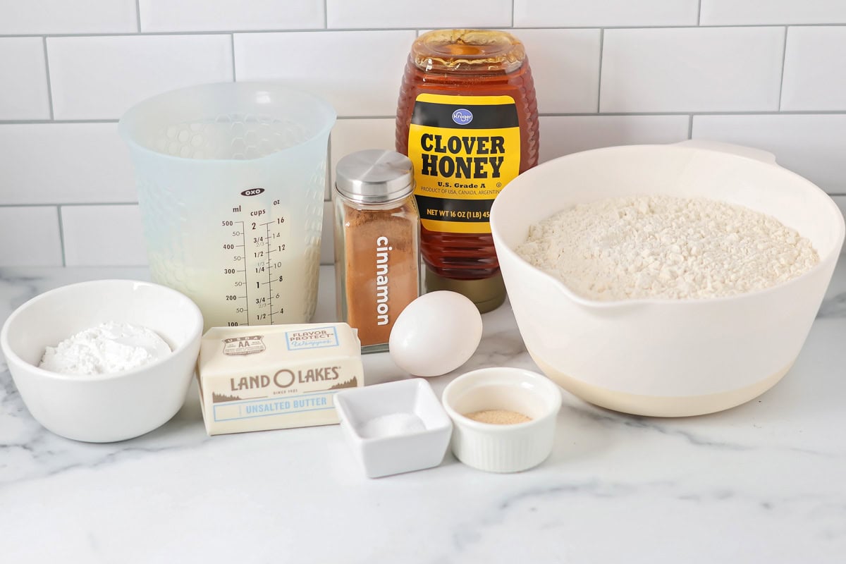 Ingredients for copycat Texas Roadhouse rolls on a white countertop.