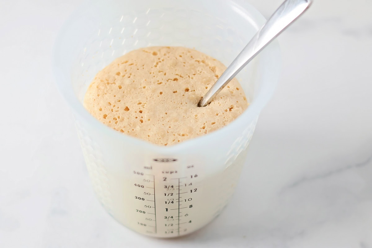 Measuring cup with warm milk and active dry yeast.