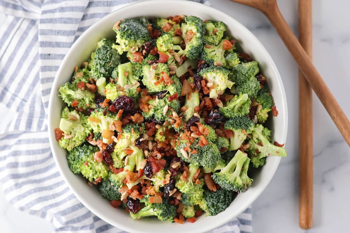 Top view of a bowl of broccoli salad recipe.