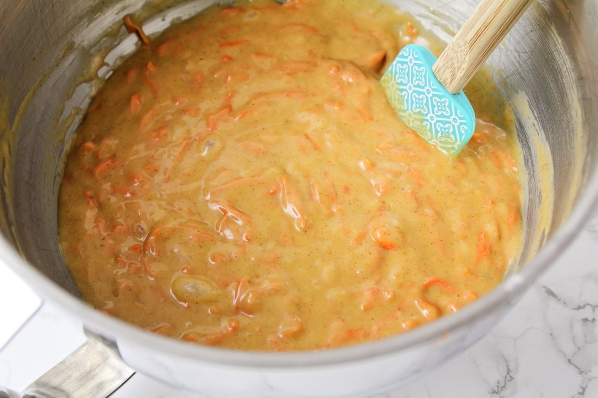 Carrot sheet cake batter in mixing bowl.