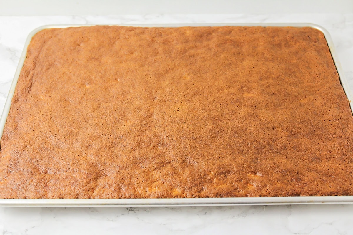 Carrot sheet cake baked in baking dish.