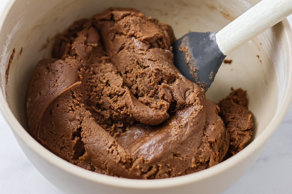 Thick chocolate cookie batter in a bowl.