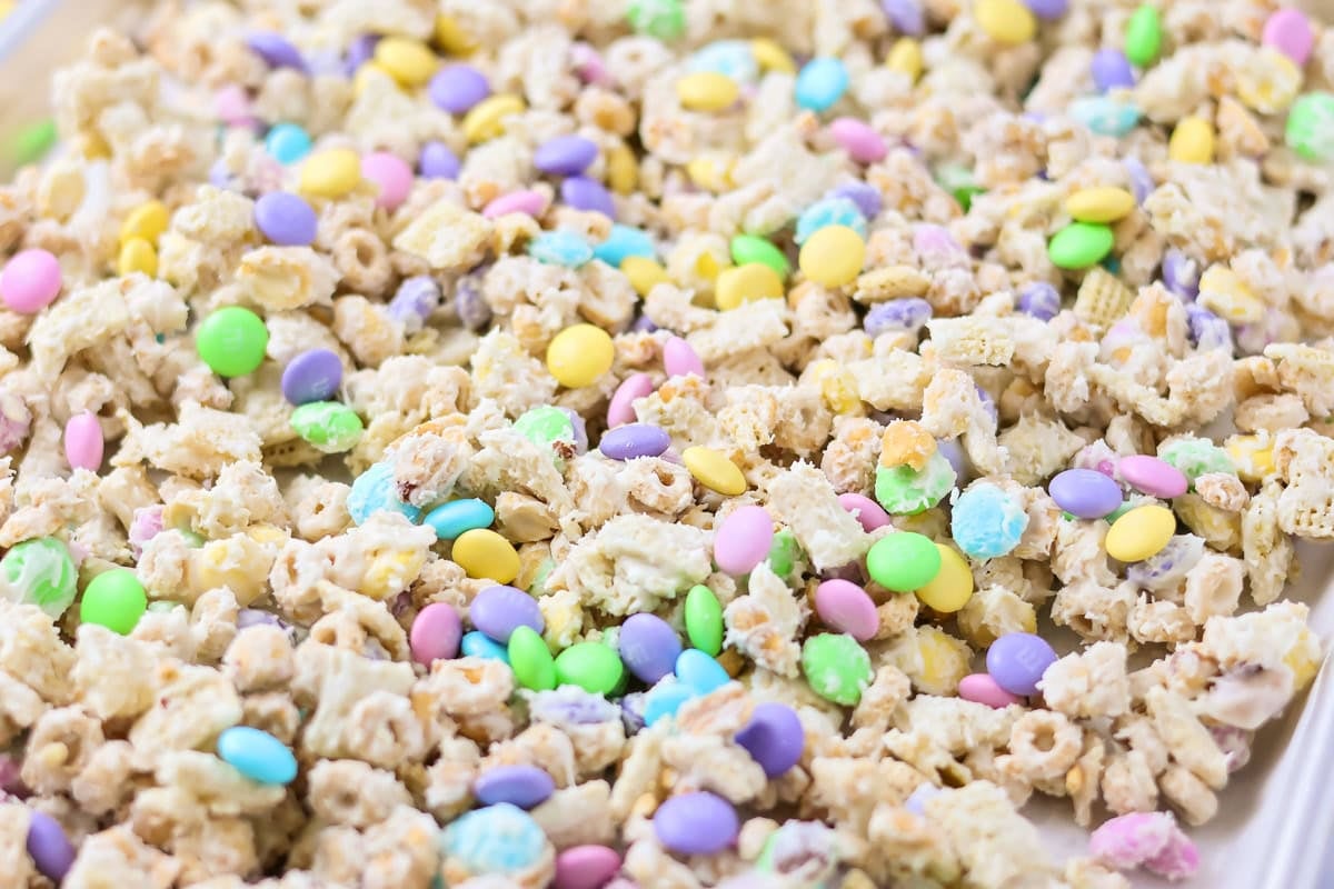 Close up of the bunny bait recipe spread onto a lined baking sheet.