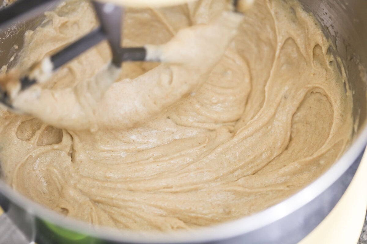 Mixing cookie batter in a stand mixer.