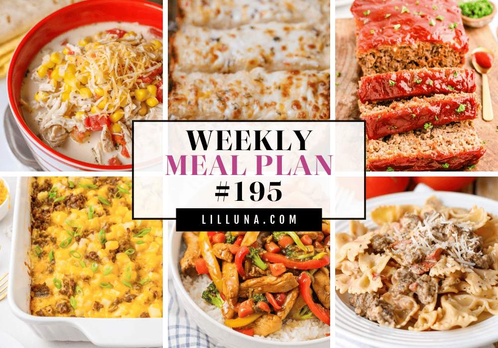 Save yourself some time, money, and stress by using this FREE meal plan that includes five main dish ideas with accompanying side dishes and a dessert to top it all off! Meal plan 195 graphic.