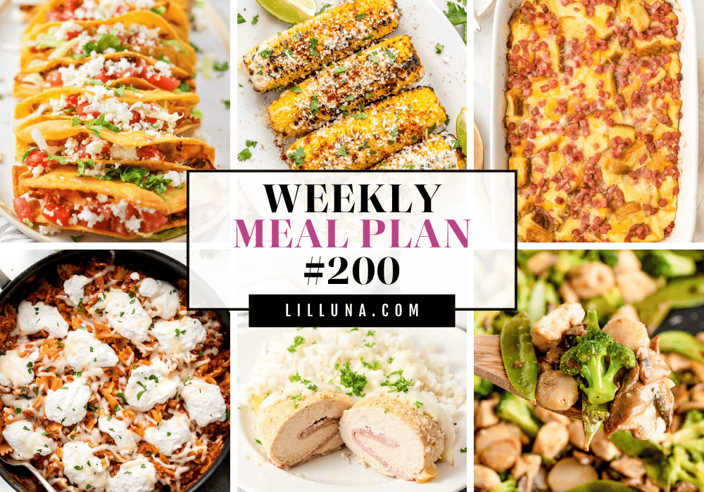 Save yourself some time, money, and stress by using this FREE meal plan that includes five main dish ideas with accompanying side dishes and a dessert to top it all off! Meal plan 200 graphic.