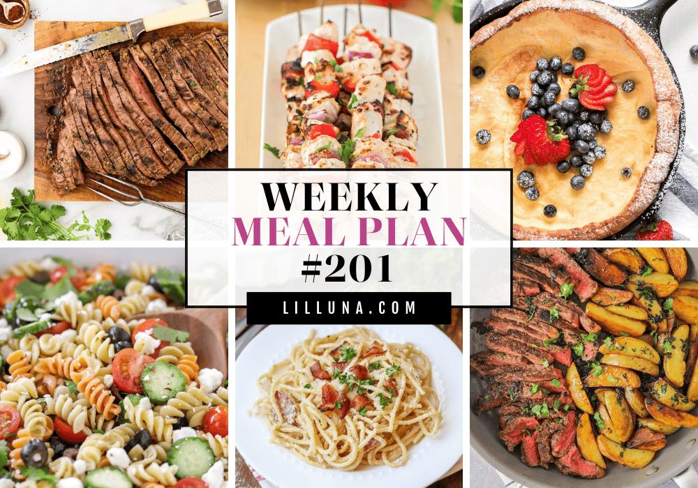 Save yourself some time, money, and stress by using this FREE meal plan that includes five main dish ideas with accompanying side dishes and a dessert to top it all off! Meal plan 201 graphic.