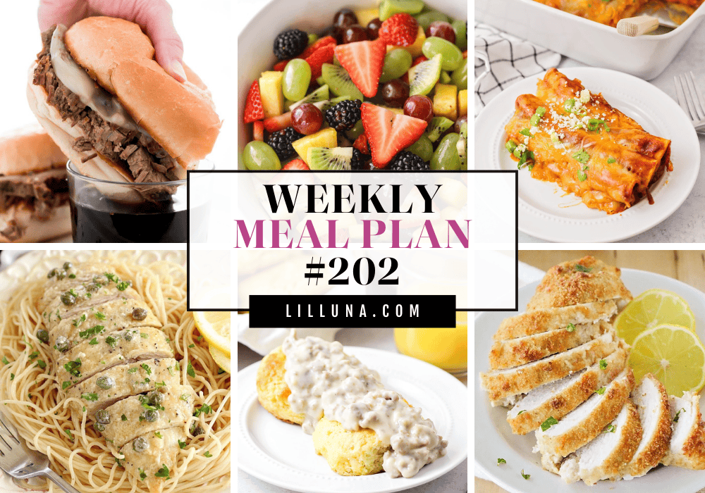 Save yourself some time, money, and stress by using this FREE meal plan that includes five main dish ideas with accompanying side dishes and a dessert to top it all off! Meal plan 202 graphic.