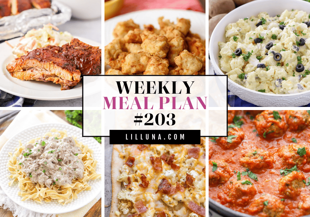 Save yourself some time, money, and stress by using this FREE meal plan that includes five main dish ideas with accompanying side dishes and a dessert to top it all off! Meal plan 203 graphic.