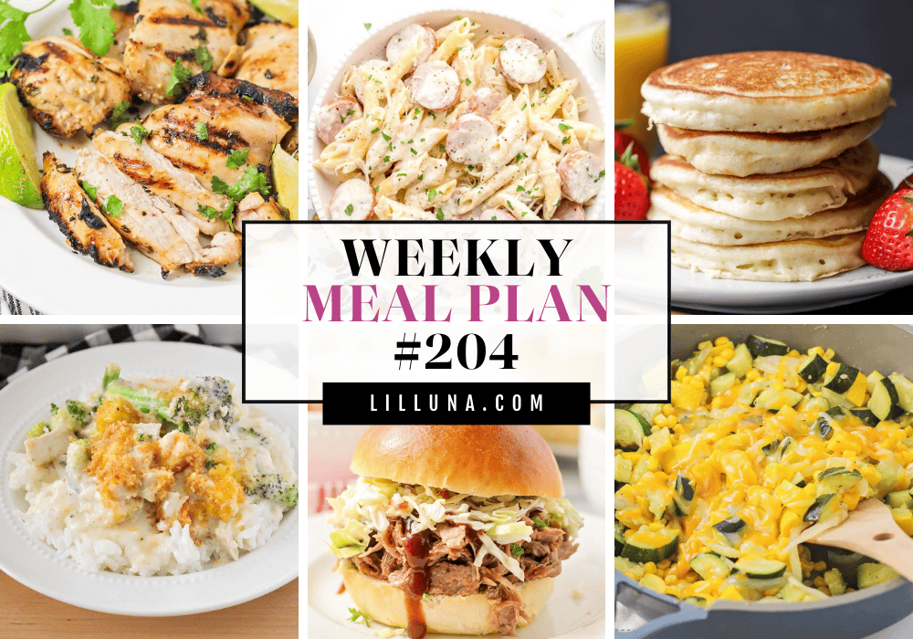 Save yourself some time, money, and stress by using this FREE meal plan that includes five main dish ideas with accompanying side dishes and a dessert to top it all off! Meal plan 204 graphic.