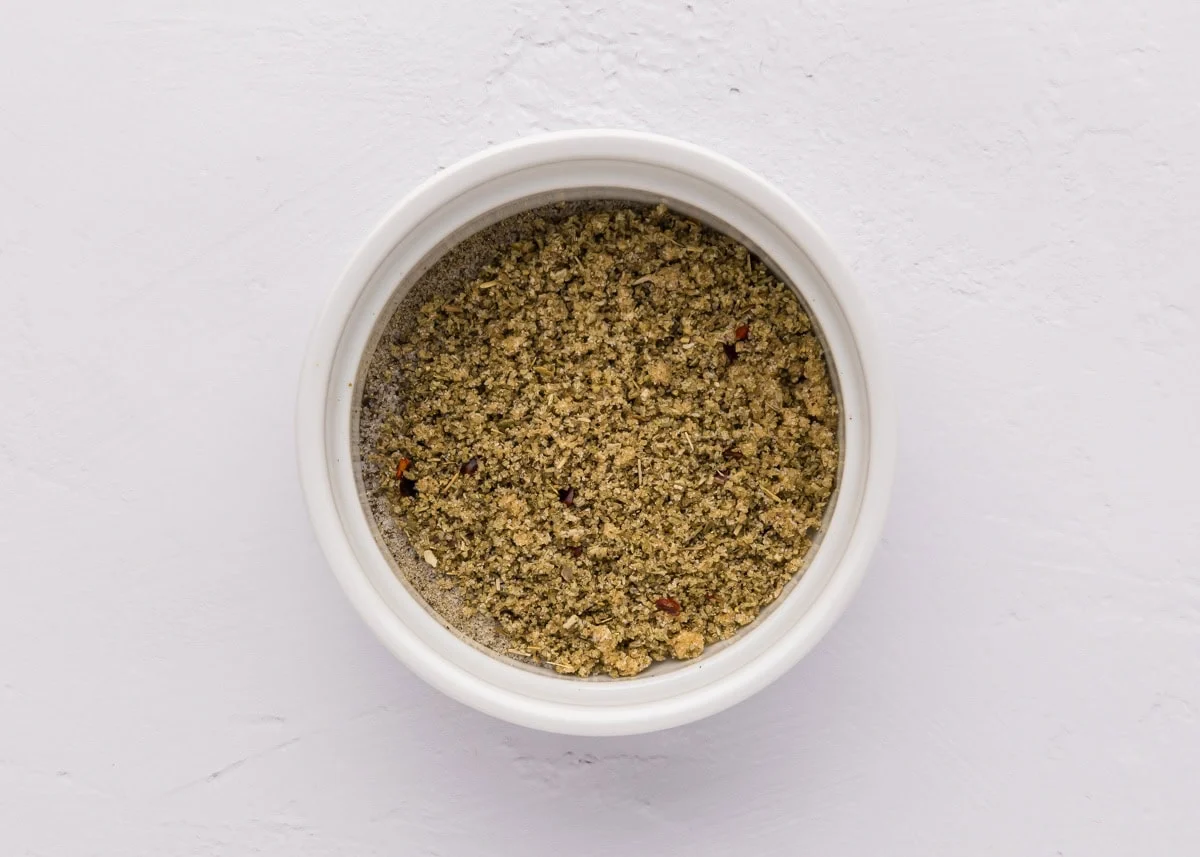 Seasoning on a white bowl.