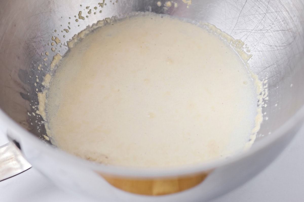 Yeast mixture in a metal bowl.