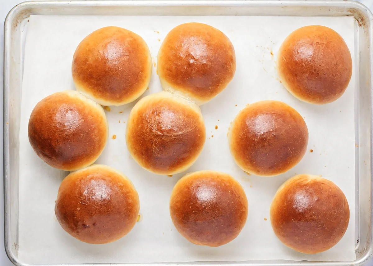 Top view of a tray of brioche bun recipe.