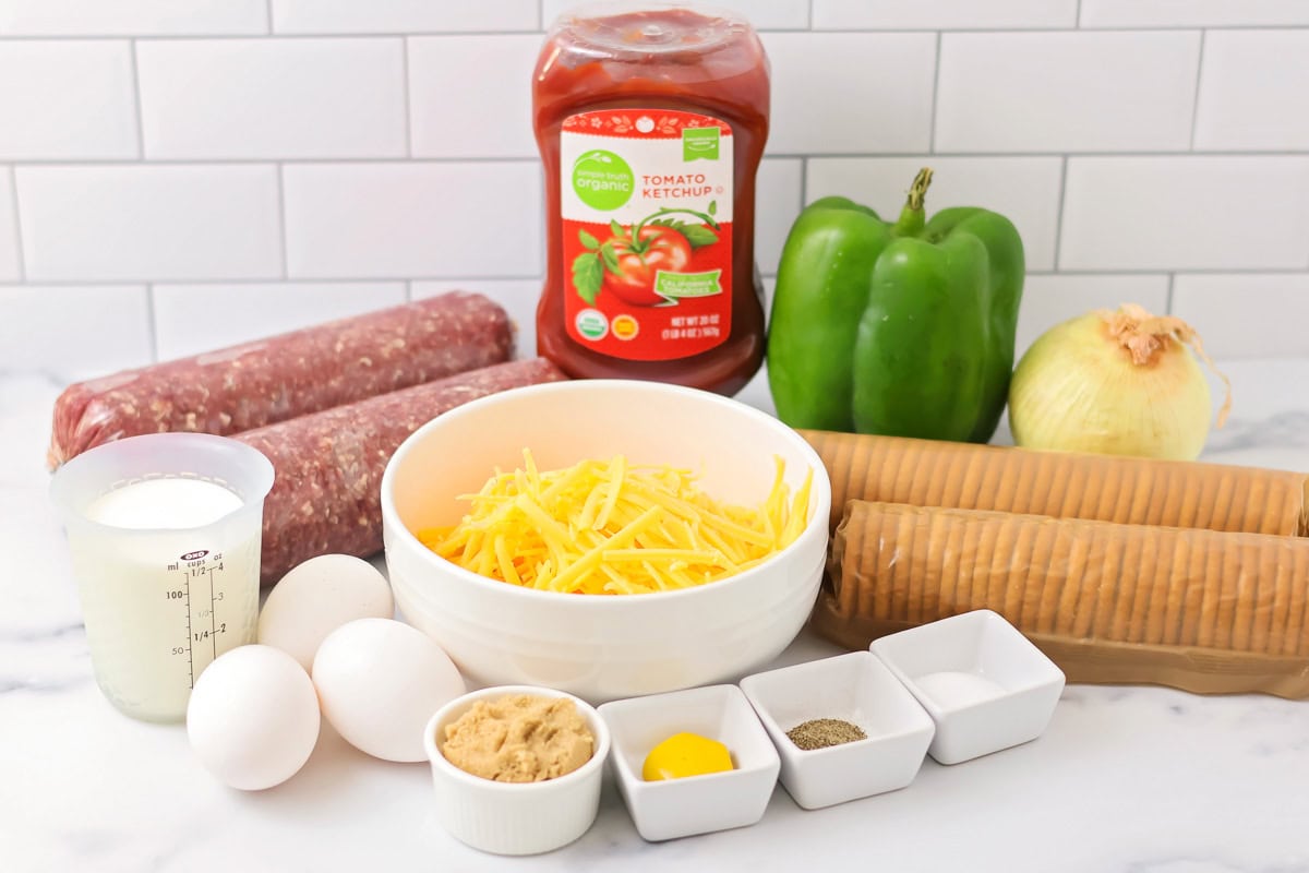 Ingredients for cracker barrel meatloaf on a white countertop.