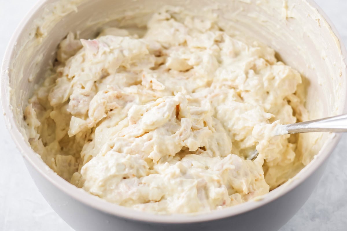 Creamy chicken mixture in a gray bowl.