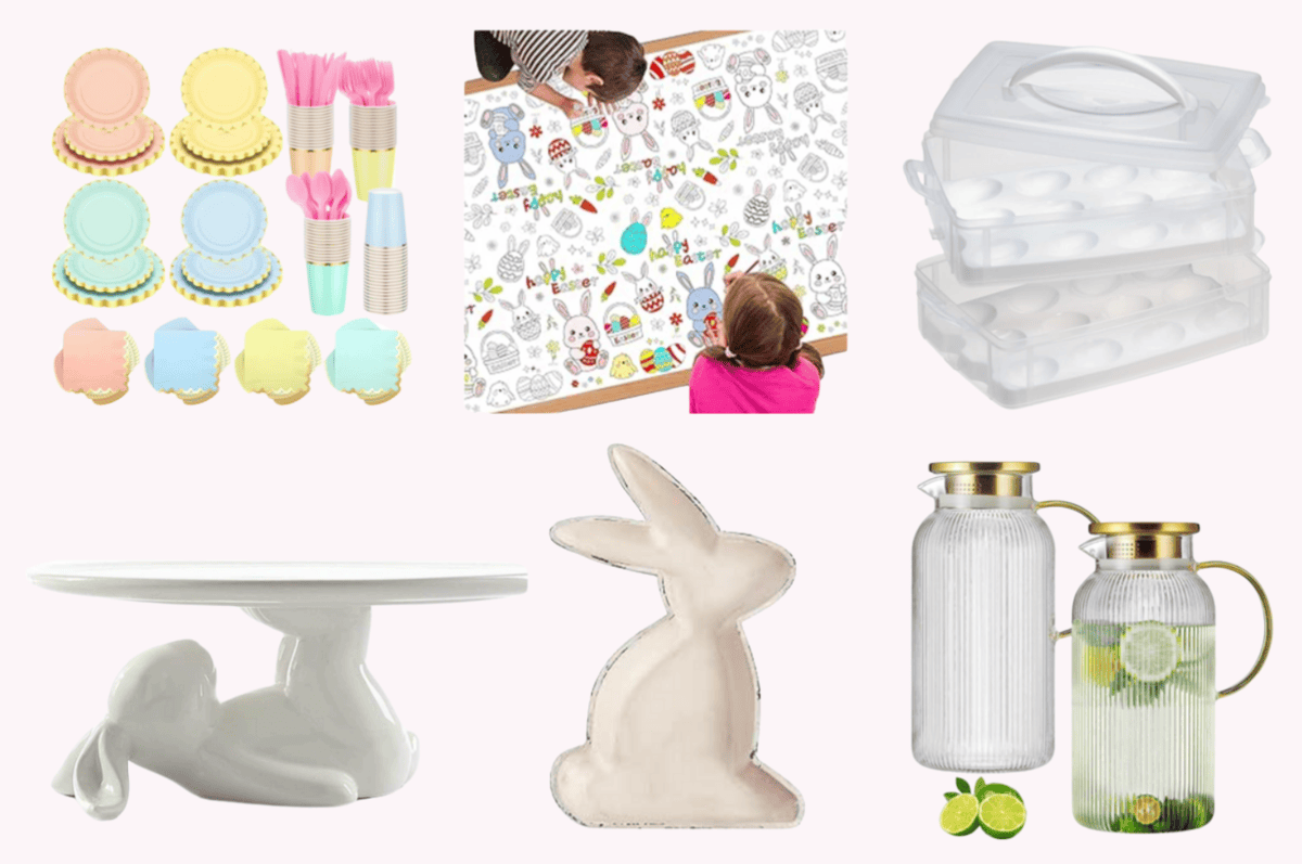 Various Easter-themed products for dinner preparation and tablescape.