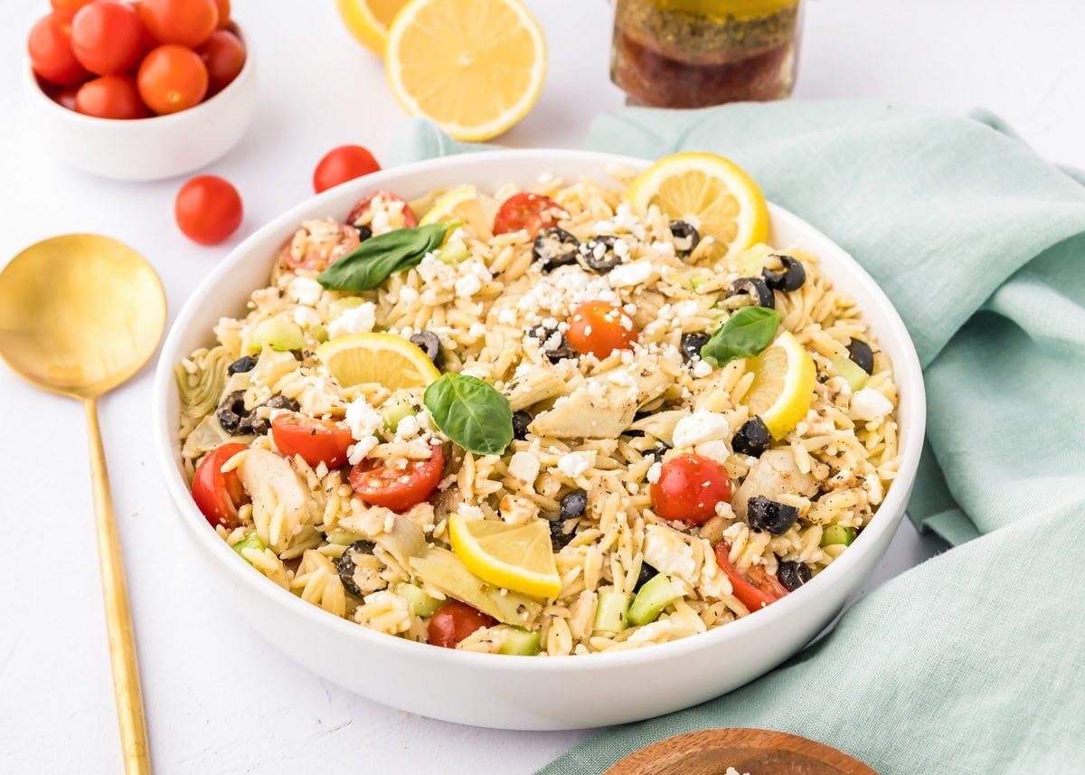 A bowl of greek orzo pasta salad.