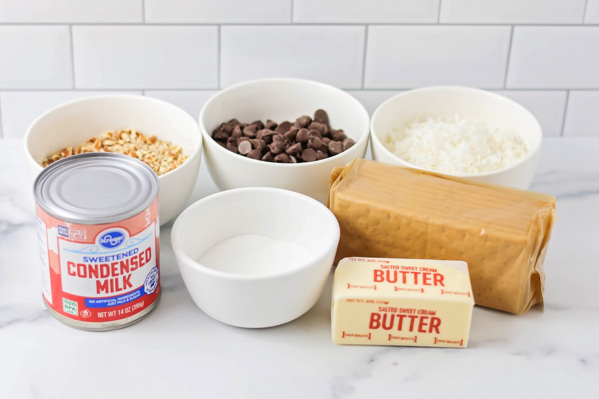 Ingredients for Hello Dolly bars on  kitchen counter.