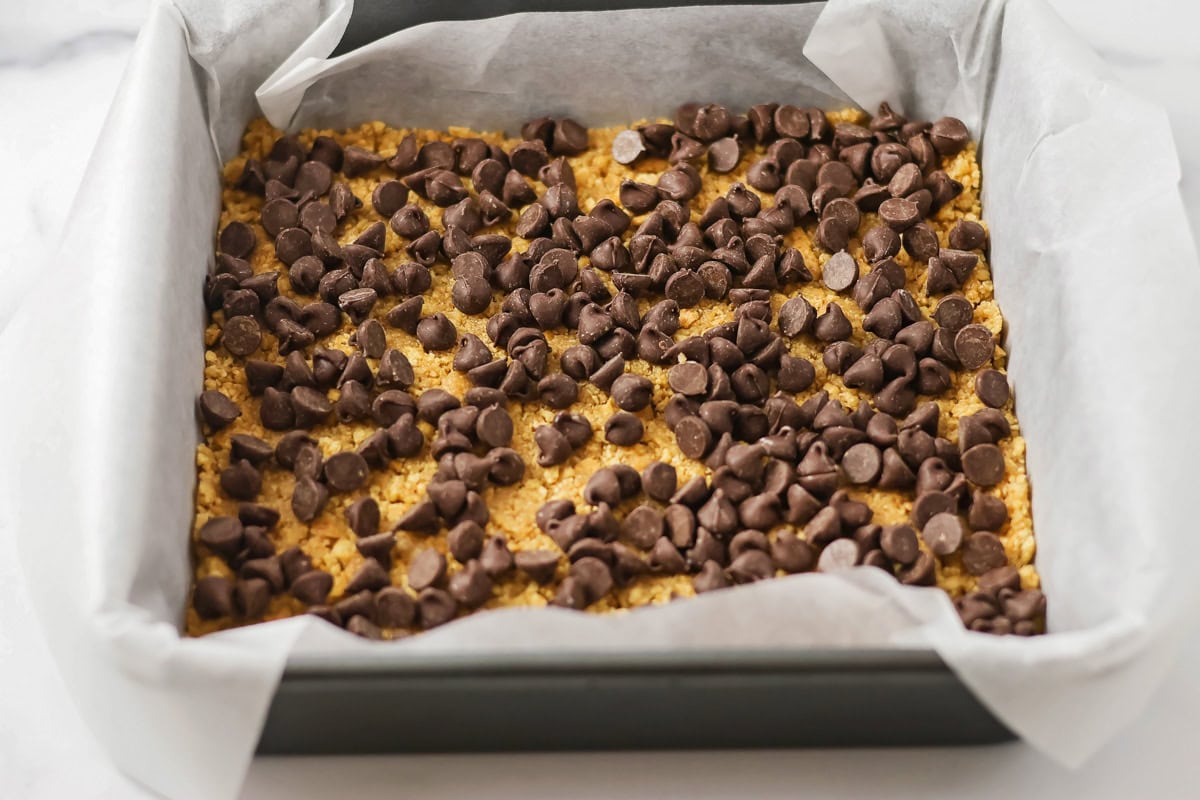 Chocolate chips sprinkled on the graham cracker crust.