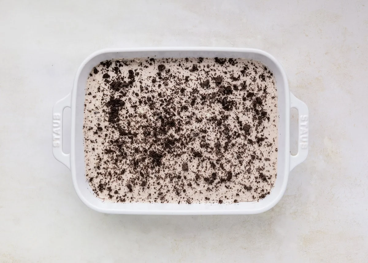 No bake oreo cheesecake in a baking dish.