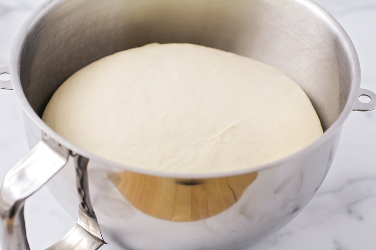 Risen dough in a mixing bowl.