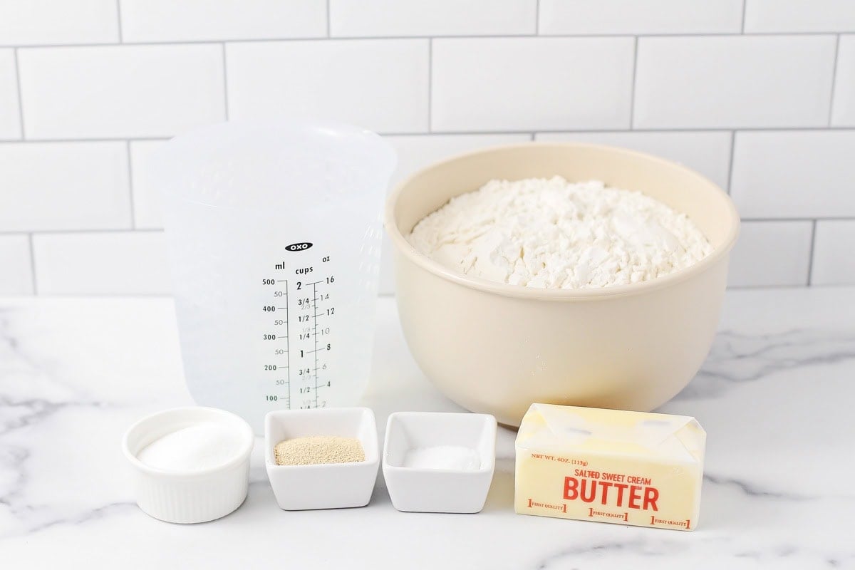 Ingredients for quick dinner rolls on a kitchen counter.