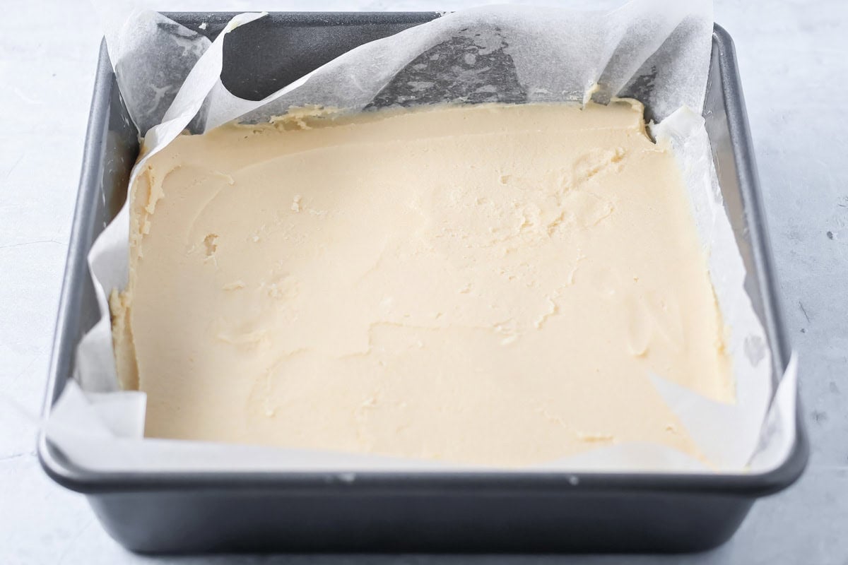 Batter spread in a lined baking pan.