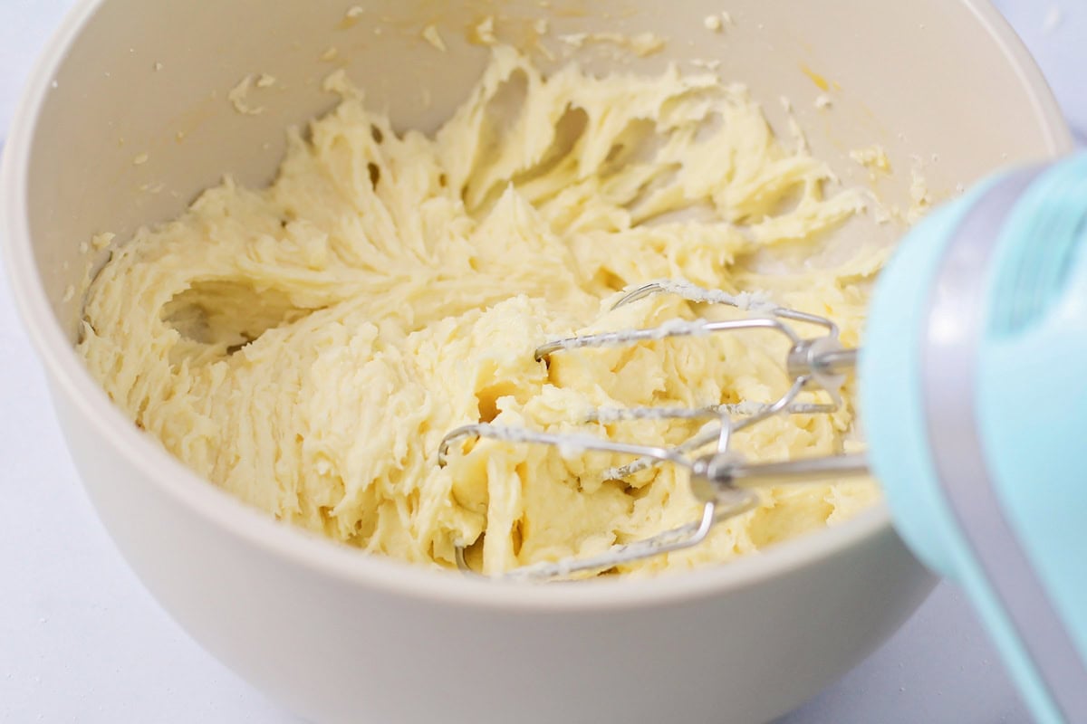 Sugar cookie dough in a mixing bowl.