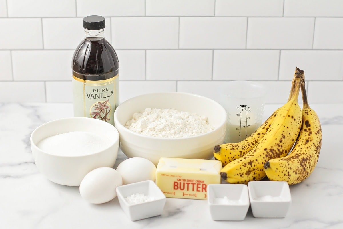 Ingredients for brown butter banana bread on a kitchen counter.