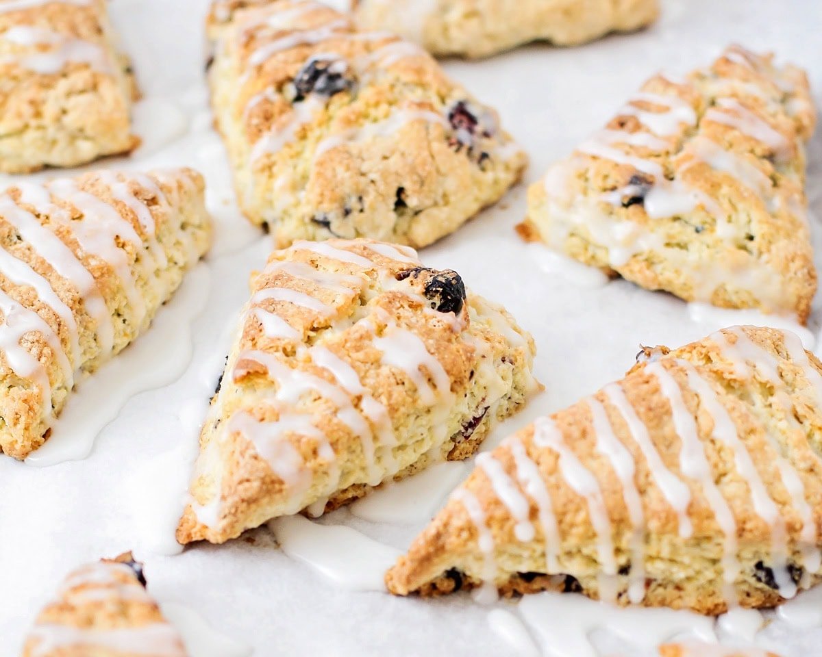 Close up of baked lemon blueberry scones.