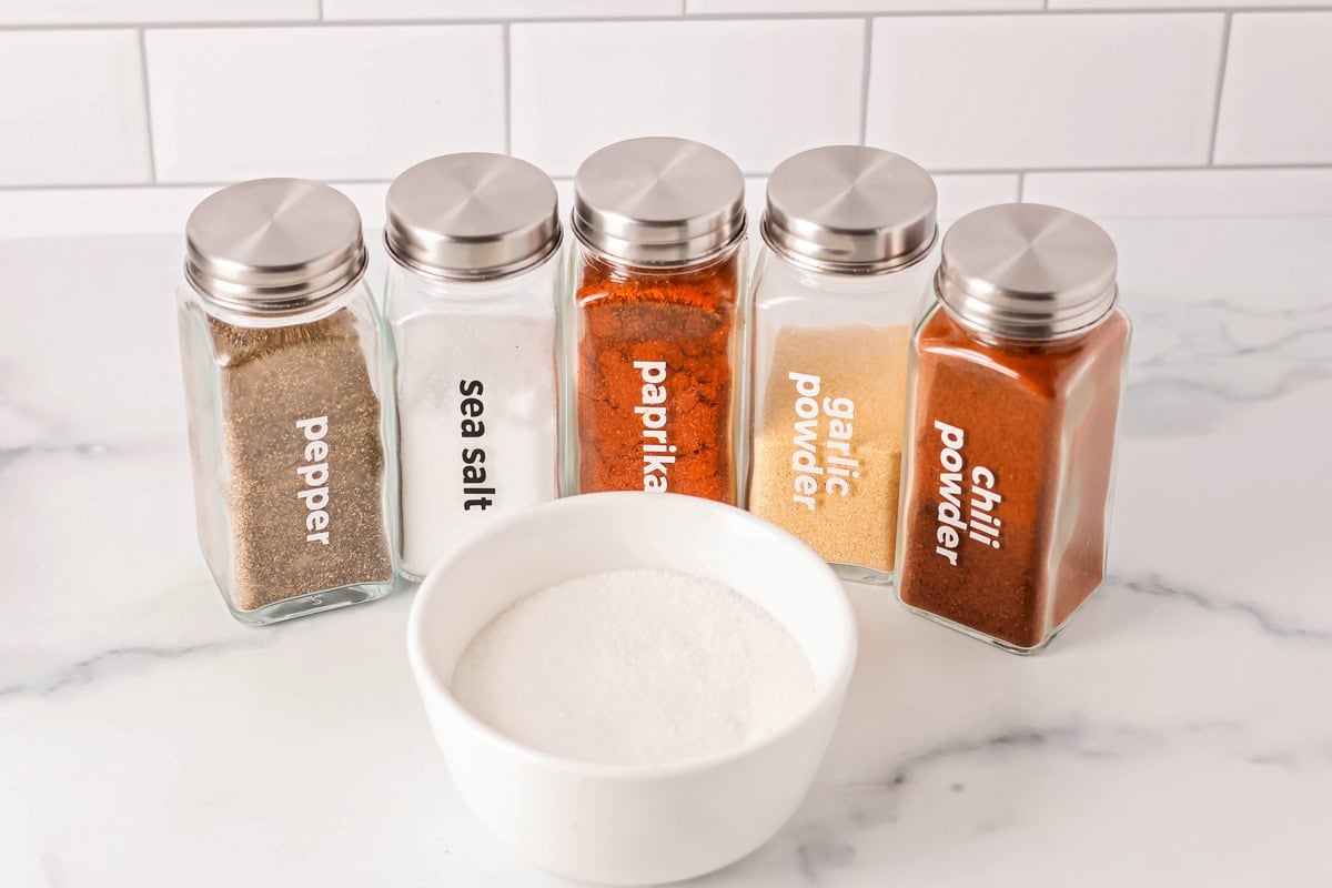 Ingredients for best rib rub on a kitchen counter.