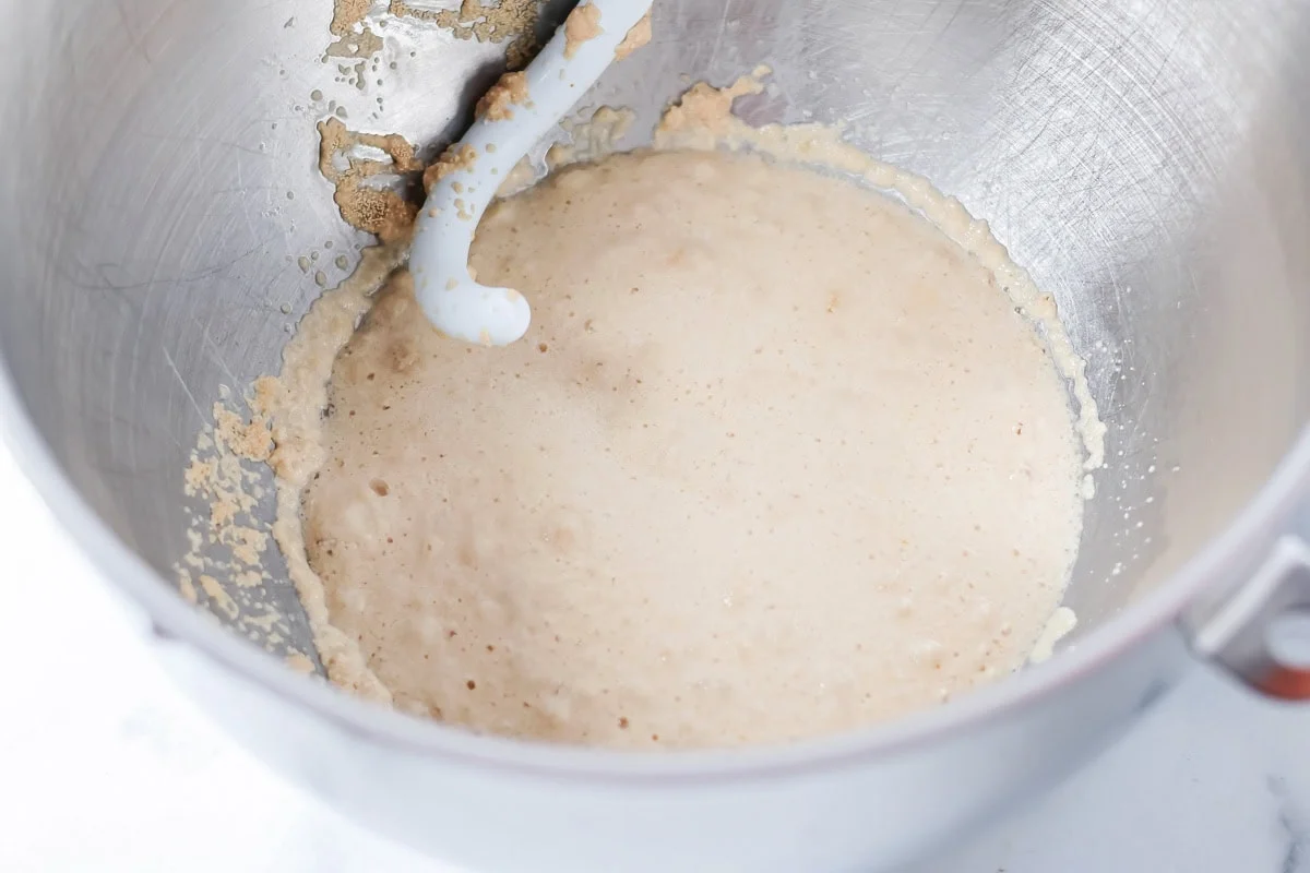 Yeast mixture in a metal bowl.