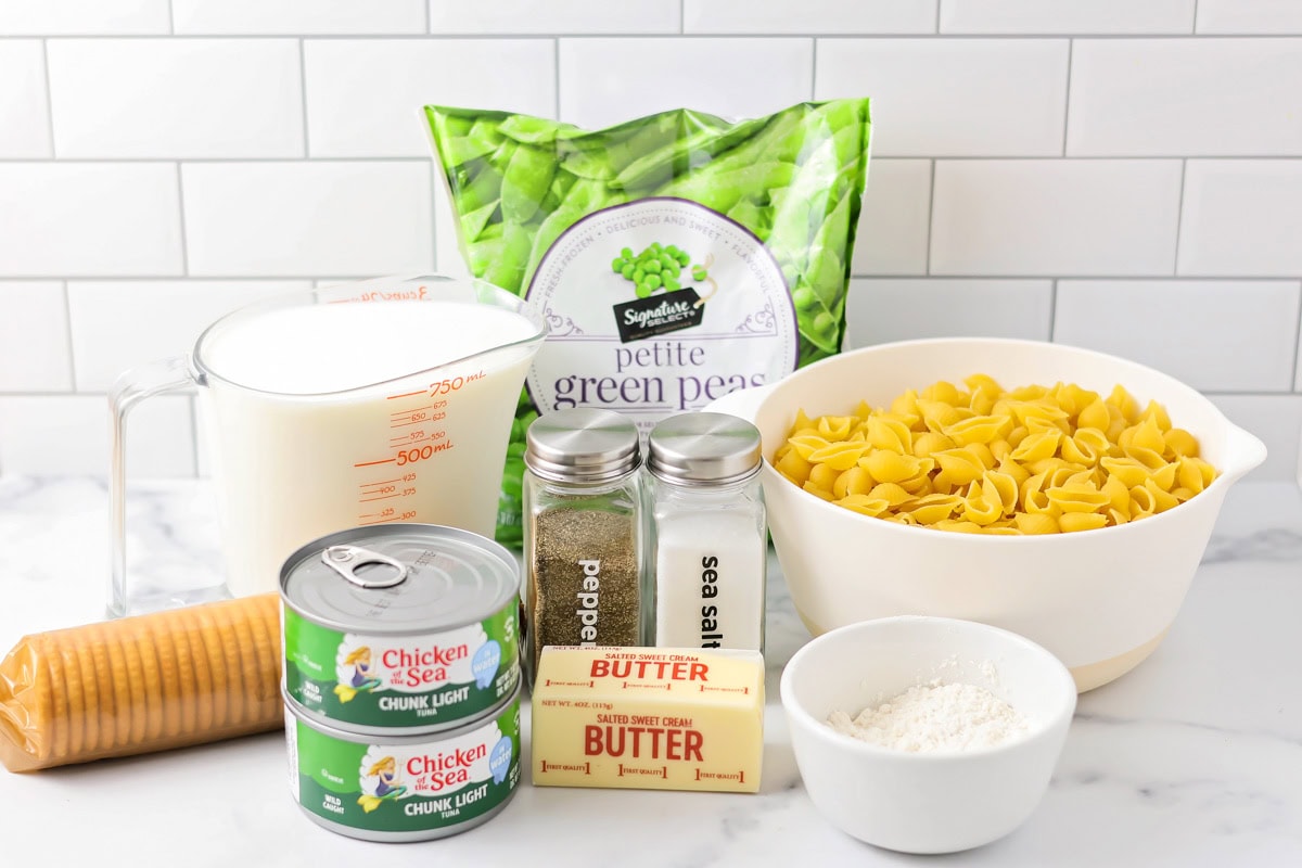 Ingredients for tuna casserole on a kitchen counter.
