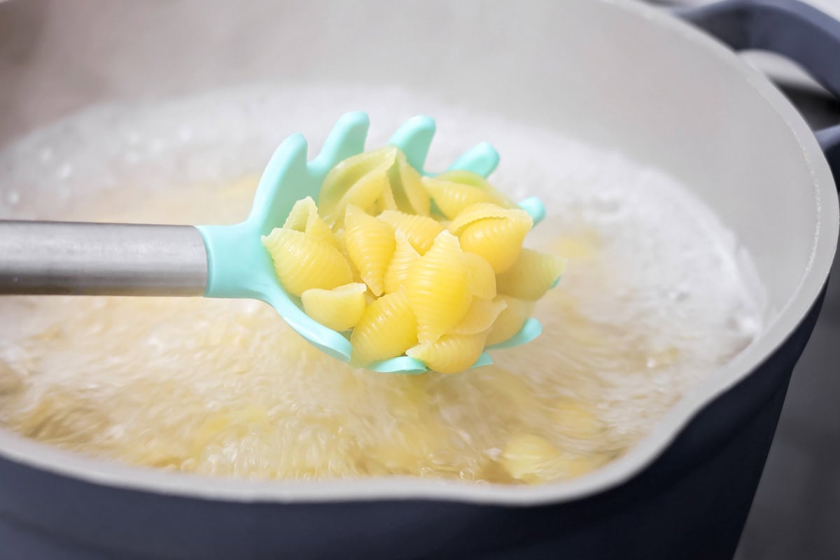 Shell pasta cooking in a pot.