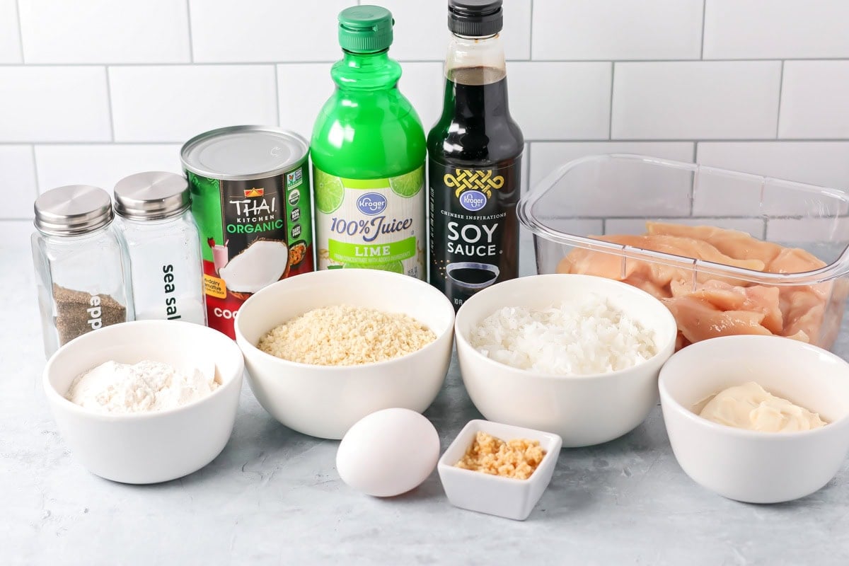 Ingredients for coconut chicken on a kitchen counter.