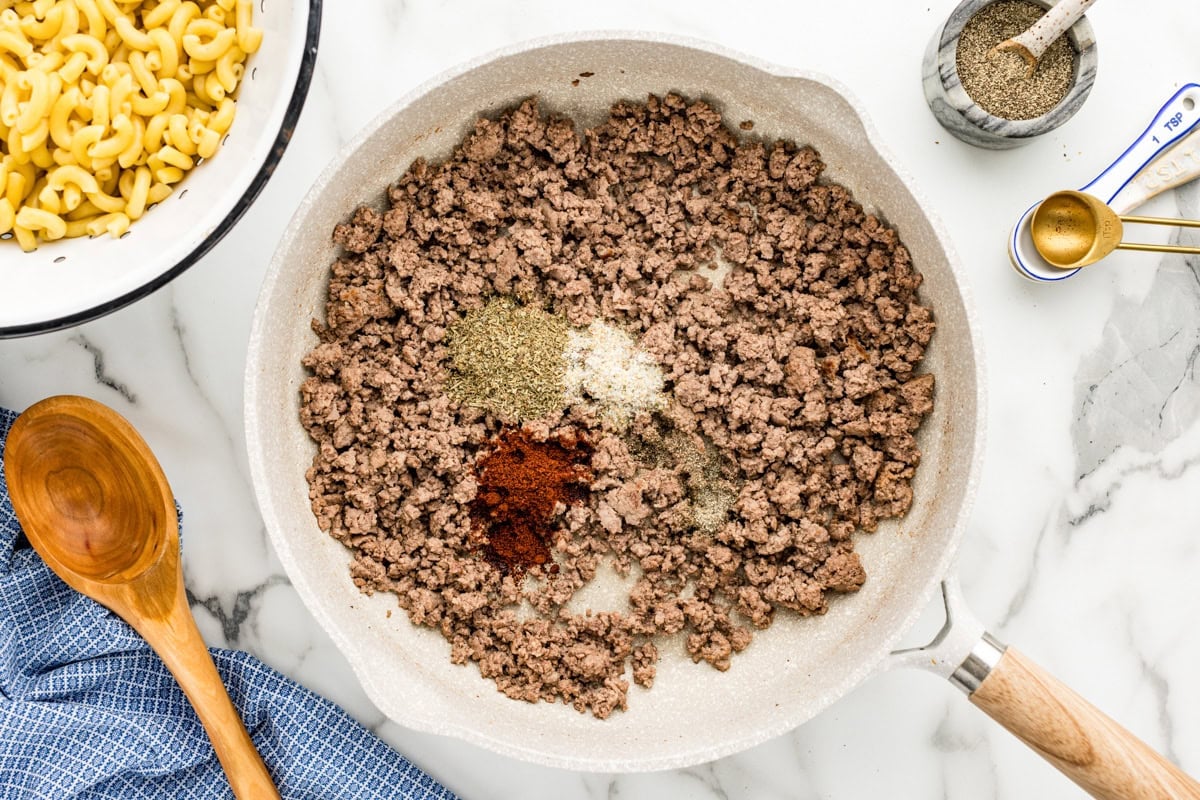 Ground beef cooking in a pot.