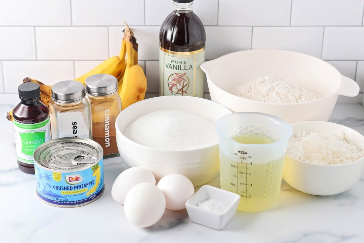 Ingredients for Hawaiian banana bread on a kitchen counter.