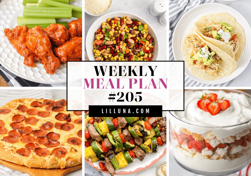 Save yourself some time, money, and stress by using this FREE meal plan that includes five main dish ideas with accompanying side dishes and a dessert to top it all off! Meal plan 205 graphic.
