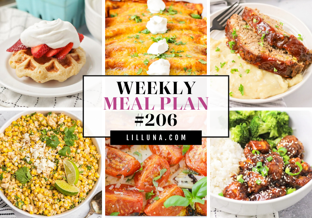 Save yourself some time, money, and stress by using this FREE meal plan that includes five main dish ideas with accompanying side dishes and a dessert to top it all off! Meal plan 206 graphic.
