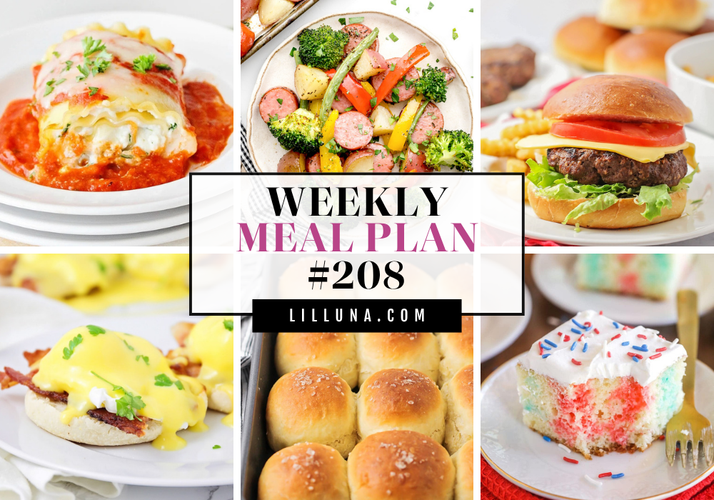 Save yourself some time, money, and stress by using this FREE meal plan that includes five main dish ideas with accompanying side dishes and a dessert to top it all off! Meal plan 208 graphic.