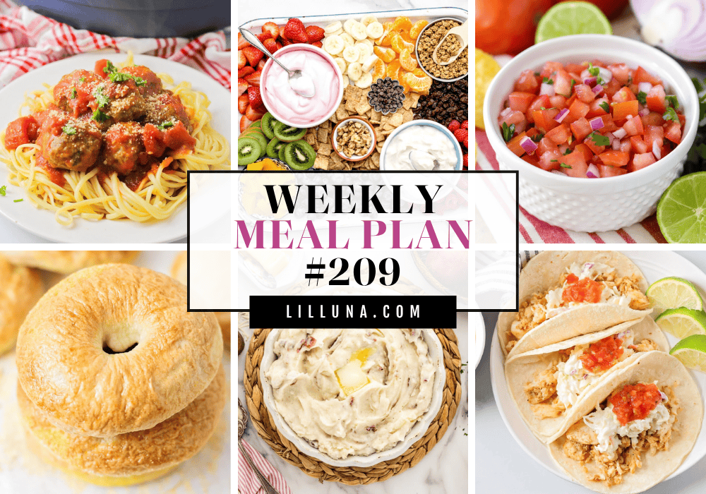 Save yourself some time, money, and stress by using this FREE meal plan that includes five main dish ideas with accompanying side dishes and a dessert to top it all off! Meal plan 209 graphic.