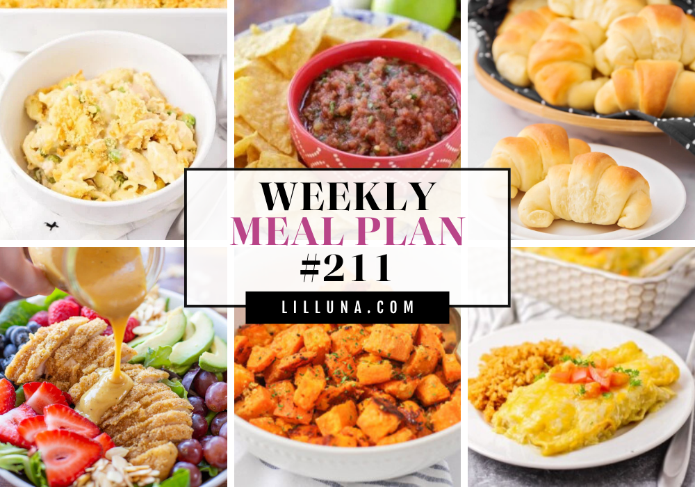Save yourself some time, money, and stress by using this FREE meal plan that includes five main dish ideas with accompanying side dishes and a dessert to top it all off! Meal Plan 211 graphic.