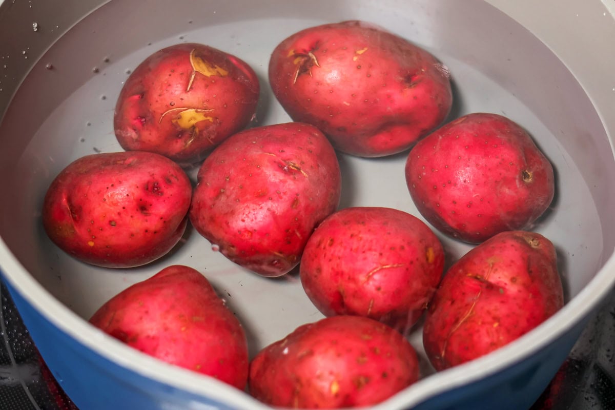 Red potatoes in a pot of water.