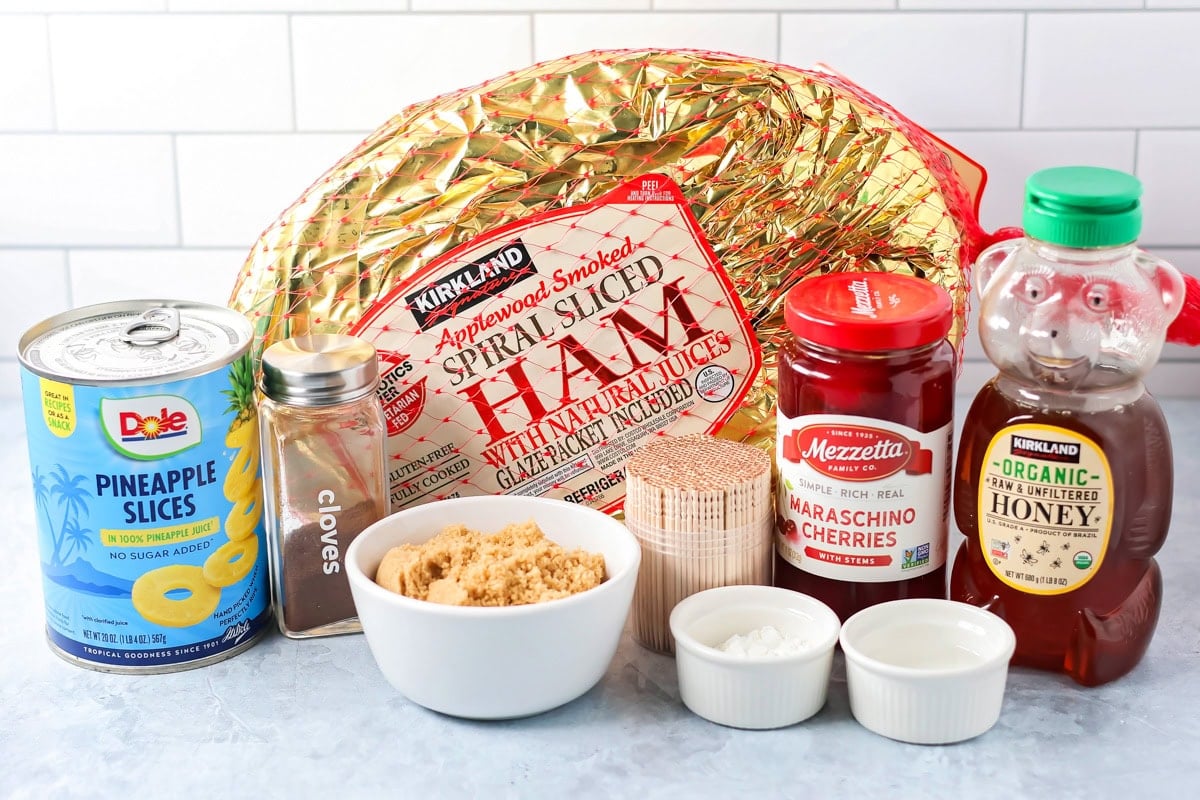 Ingredients to make Christmas ham on a kitchen counter.